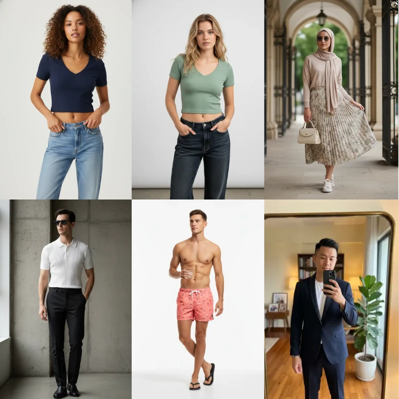 Six diverse AI fashion models wearing different garments — varied ethnicities, ages, body types, and styles