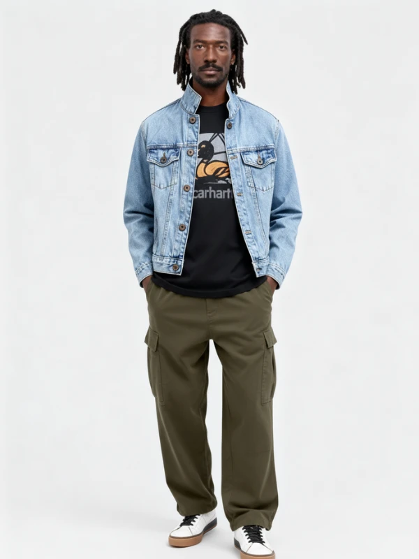 Static product photo of male model in denim jacket and cargo pants