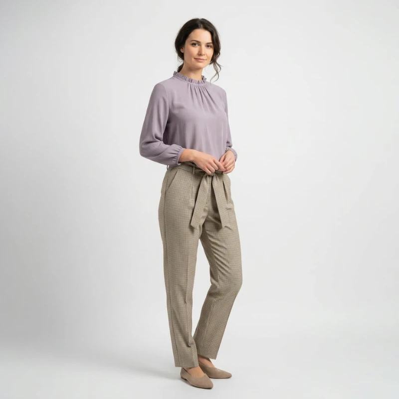 Same check trousers on AI model showing realistic fabric drape and fit