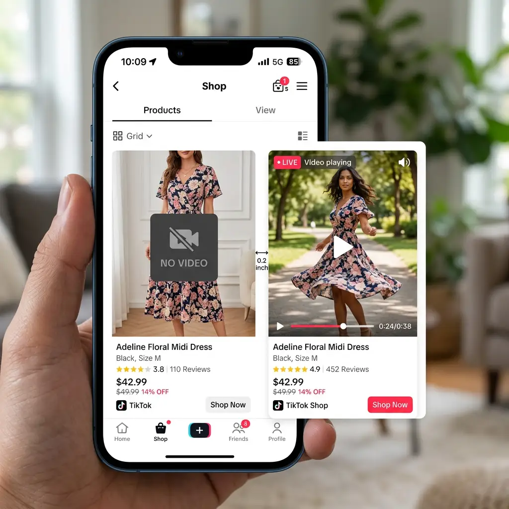 TikTok Shop product card without video next to a competitor with autoplaying video