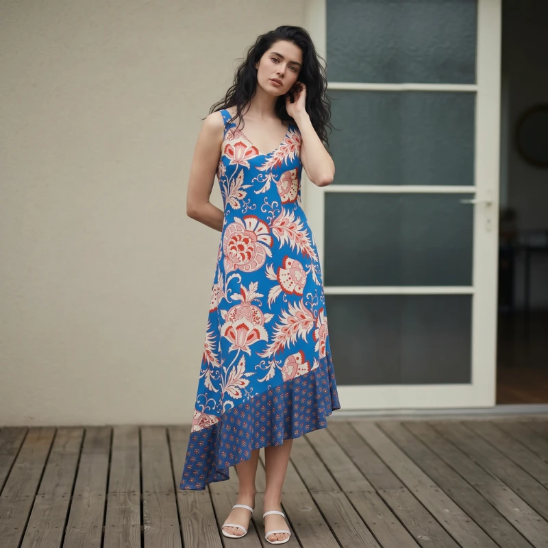 Same blue floral dress on AI model with color and print preserved exactly