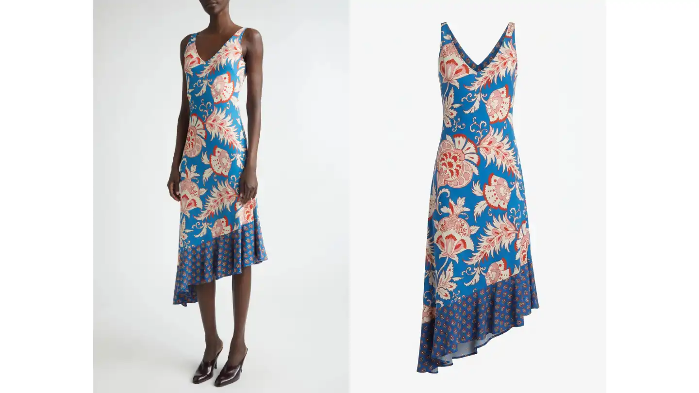 Side-by-side comparison: original photo of model wearing dress on the left, ghost mannequin hollow effect of the same dress on the right