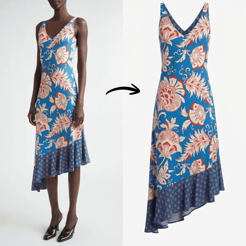 Before and after of a flat-lay garment transformed into a ghost mannequin product image