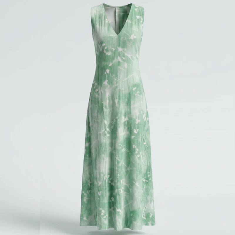 Same green sleeveless dress rendered as ghost mannequin on a clean background with natural shadow and depth
