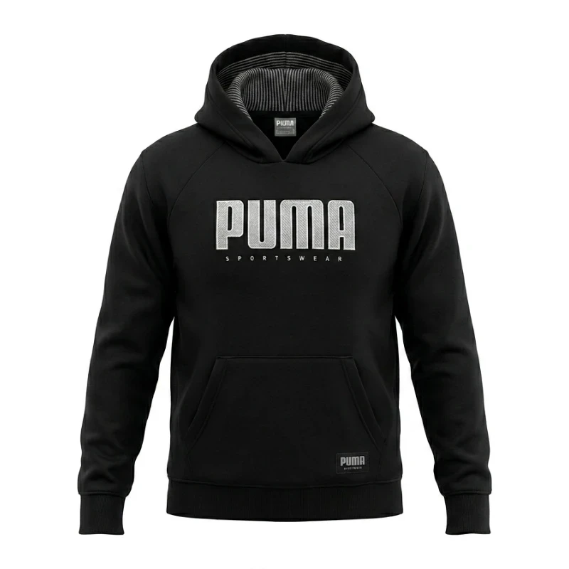 Same PUMA hoodie rendered as ghost mannequin with full shoulder structure and natural sleeve volume