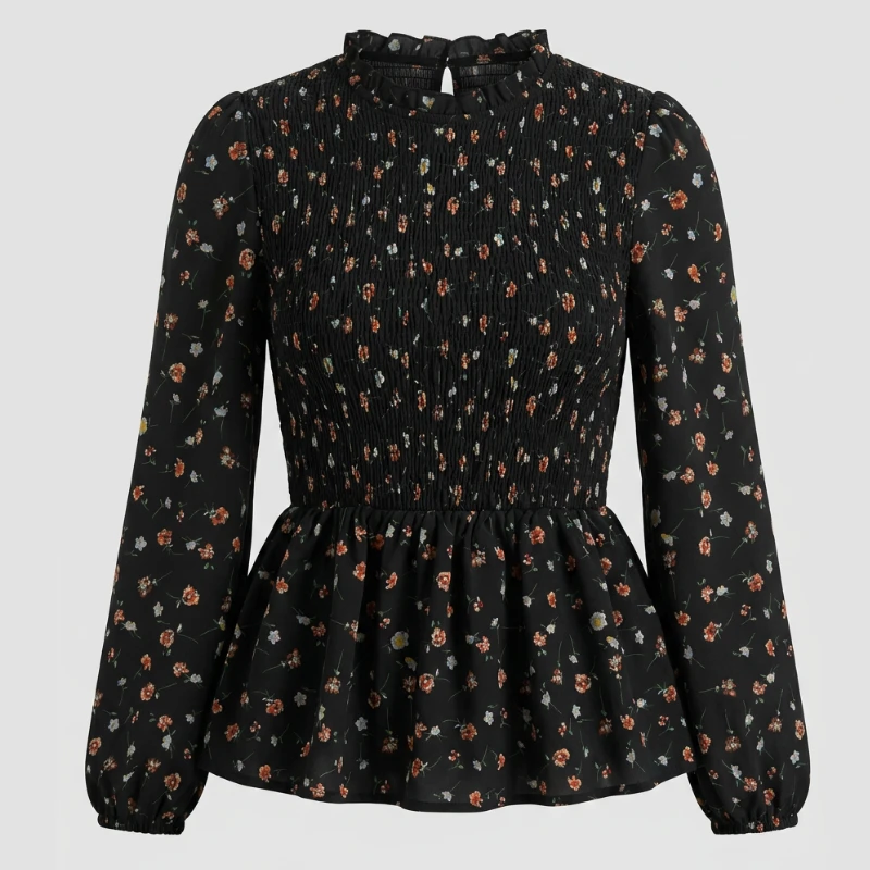 Same floral peplum blouse rendered as ghost mannequin with corrected symmetry and balanced hem