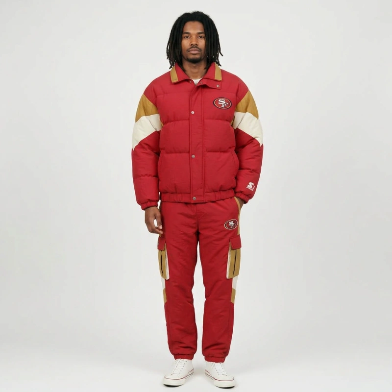 Same SF 49ers jacket on AI model with logo and graphics preserved sharply