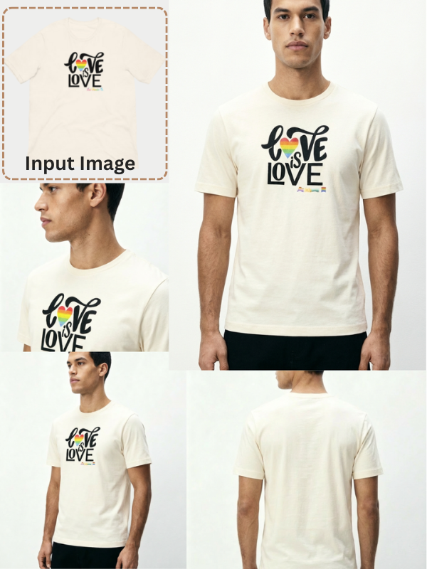 Multi-angle product photography example showing a t-shirt from multiple angles