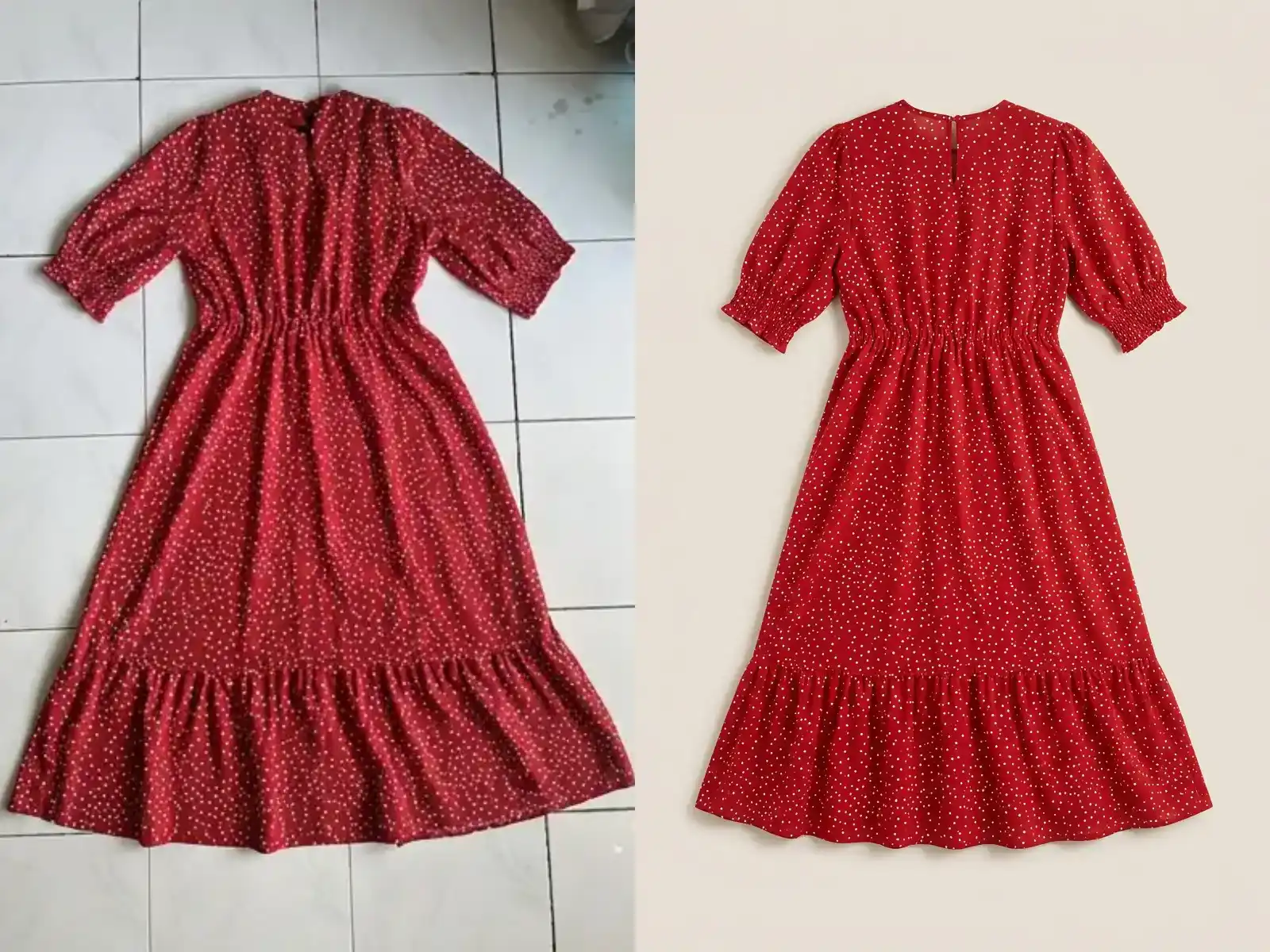 Before and after Smart Retouch on a red dress