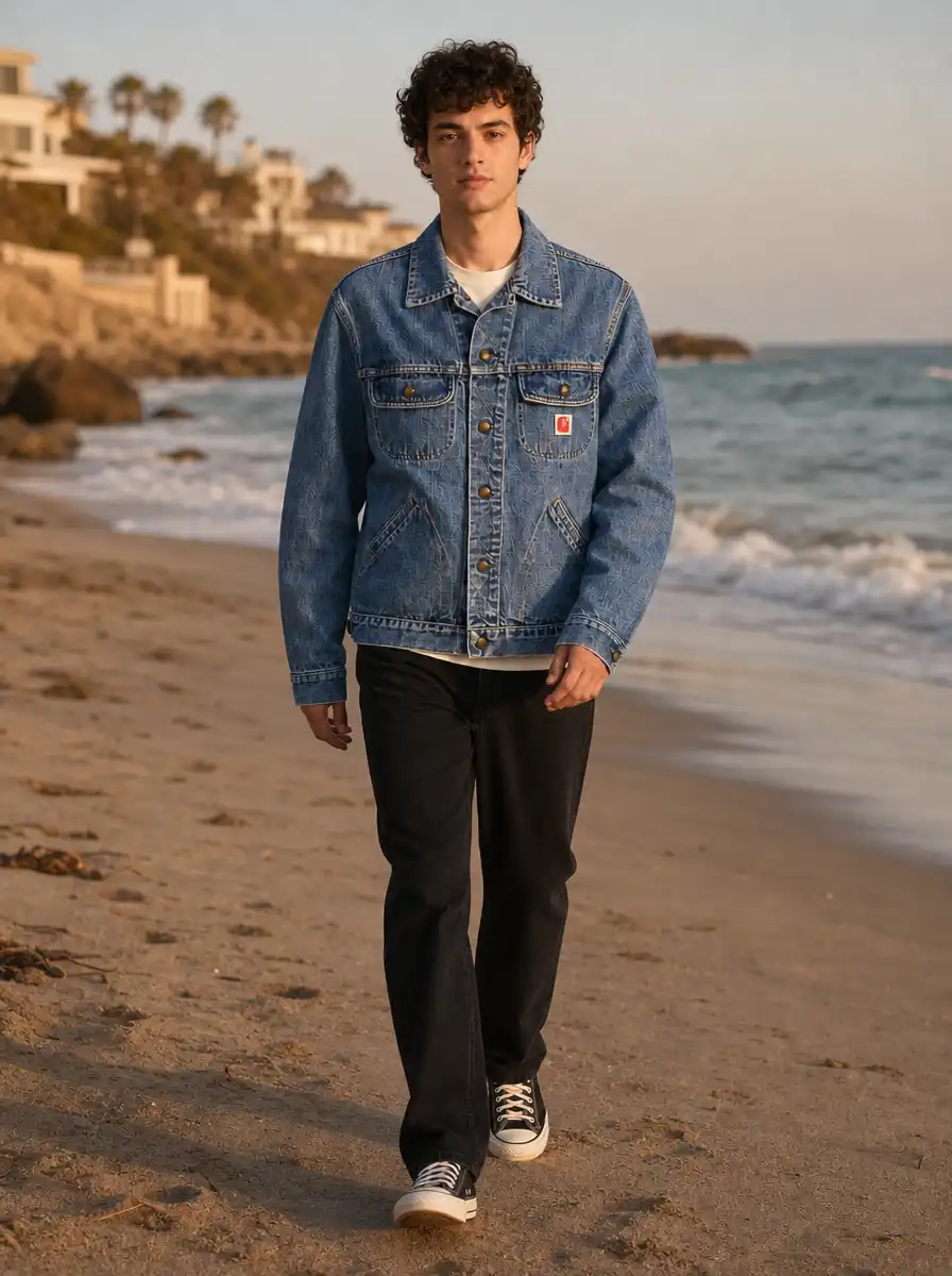 AI fashion model wearing denim jacket walking on a beach