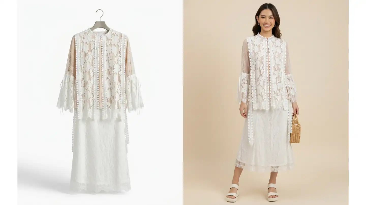 Flat lay clothing photo transformed into AI model photo using Snaproom