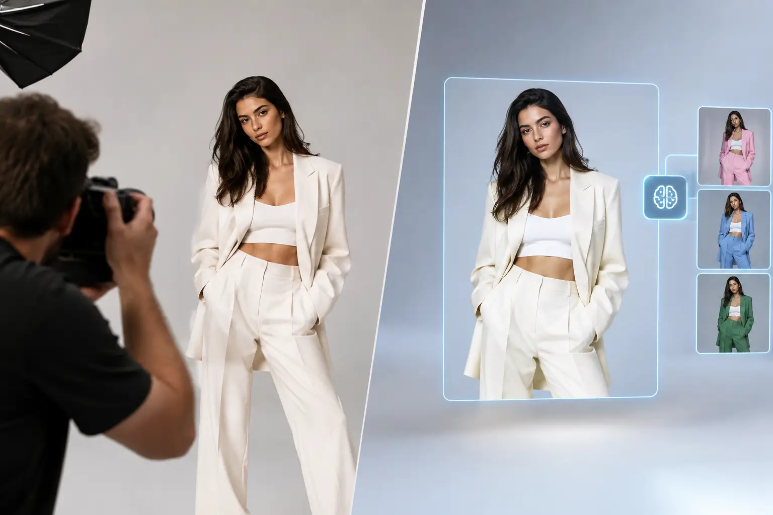 A photographer shooting a model in a cream suit beside the same shot being turned into color variations inside an AI tool