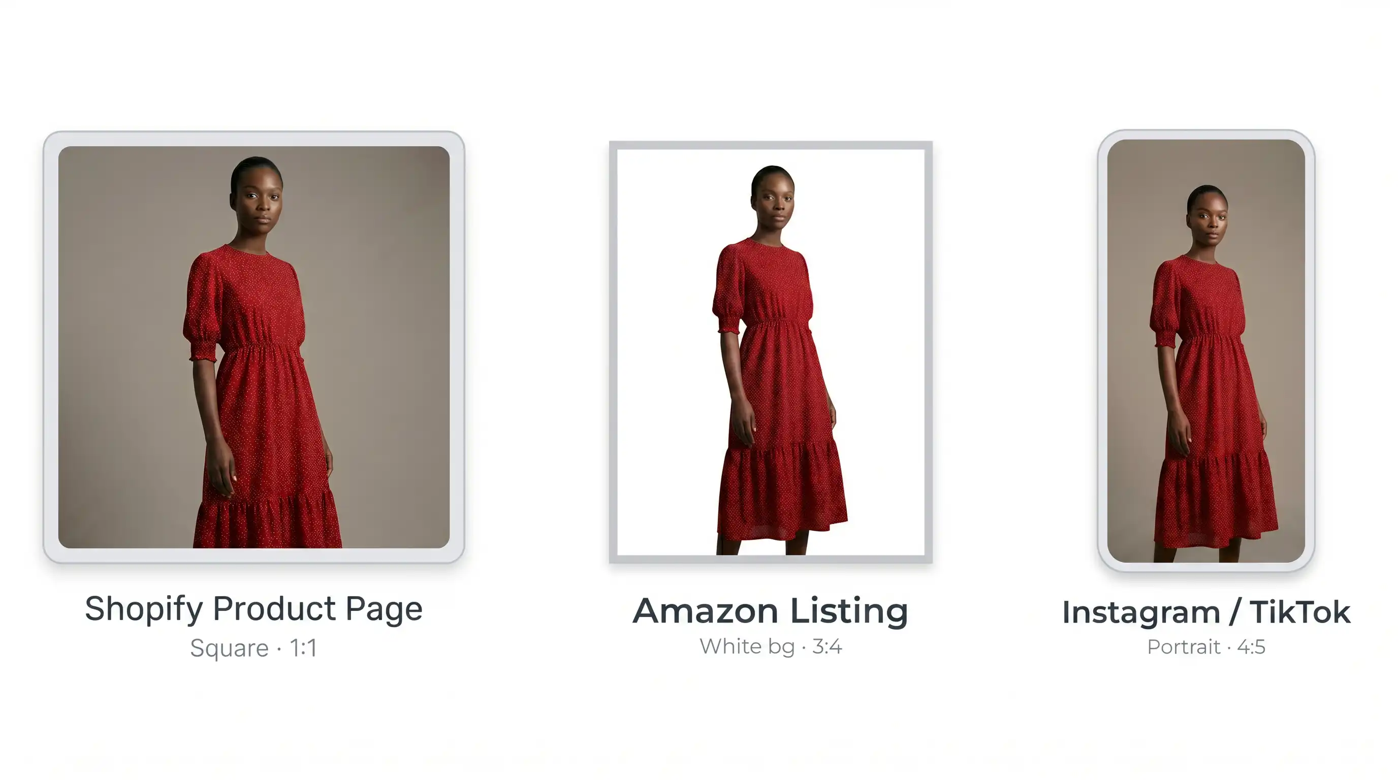 AI fashion model photos formatted for Shopify product page, Amazon listing, and Instagram