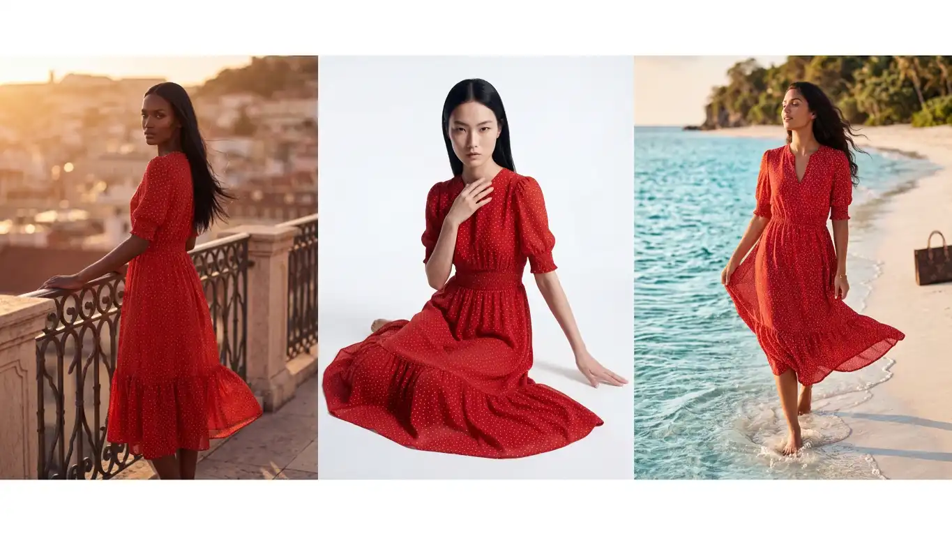 Three AI model photo variants generated from one clothing image showing diverse model options