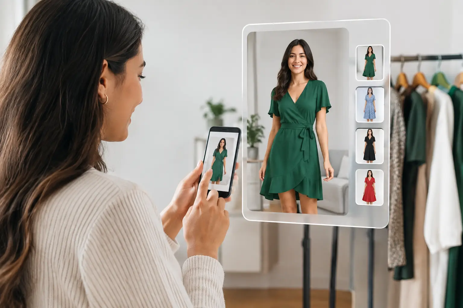 A shopper using her phone and a smart-mirror display to see herself wearing a green dress, with color variant thumbnails shown alongside