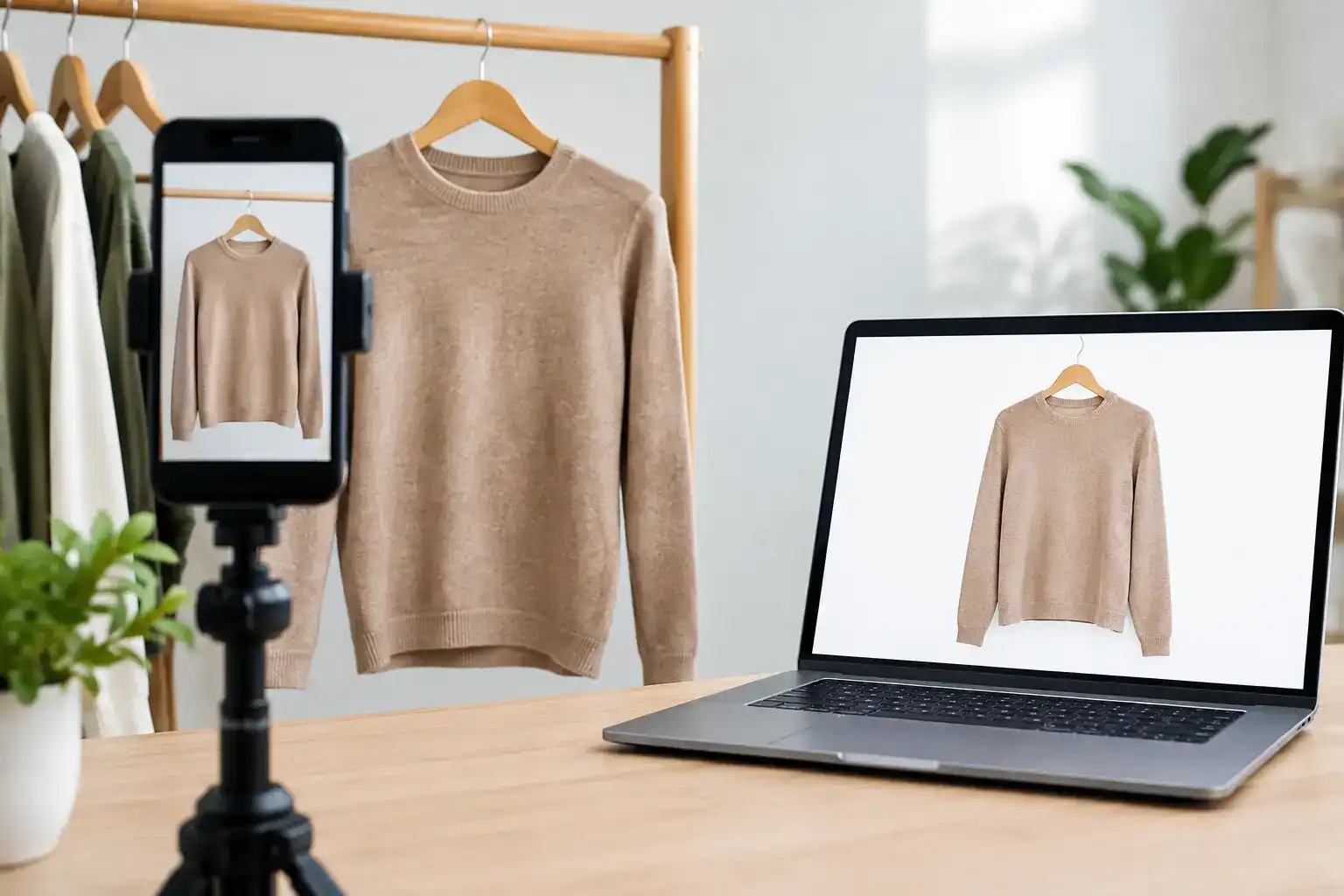 A beige crewneck sweater on a wooden hanger on a clothing rack, filmed by a phone on a tripod, with a laptop on a wooden desk showing the same sweater on a hanger against a white background