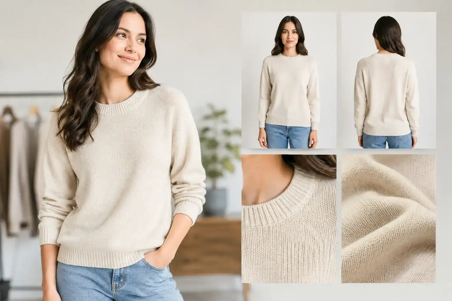 A woman in a cream knit sweater and jeans beside a grid of the same sweater showing the front, the back, the collar and the knit texture