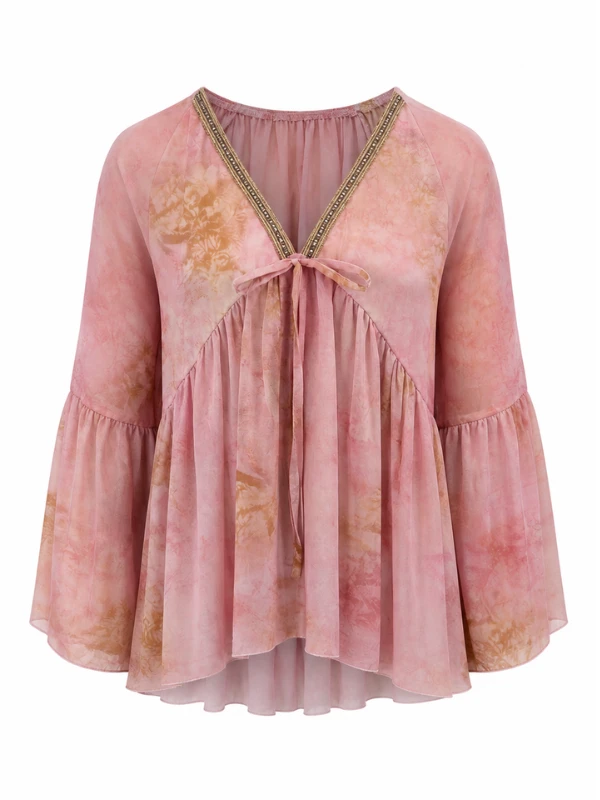 Pink watercolour print blouse shown as a ghost mannequin image on a white background with no model or hanger visible