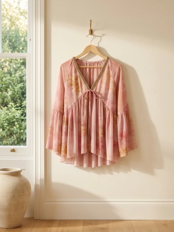 The same pink blouse on a wooden hanger in an AI generated interior room with a window and oak floor, carrying a visible AI generated badge