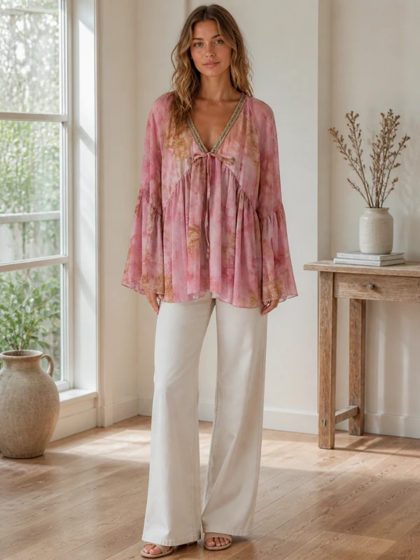The same pink blouse worn by an AI generated model standing in an AI generated interior room, carrying a visible AI generated badge