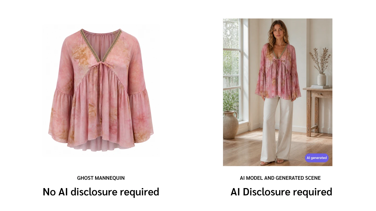 Two panel comparison of a pink blouse, shown as a ghost mannequin image on the left with no label required, and on an AI generated model in a generated room on the right with an AI generated disclosure badge