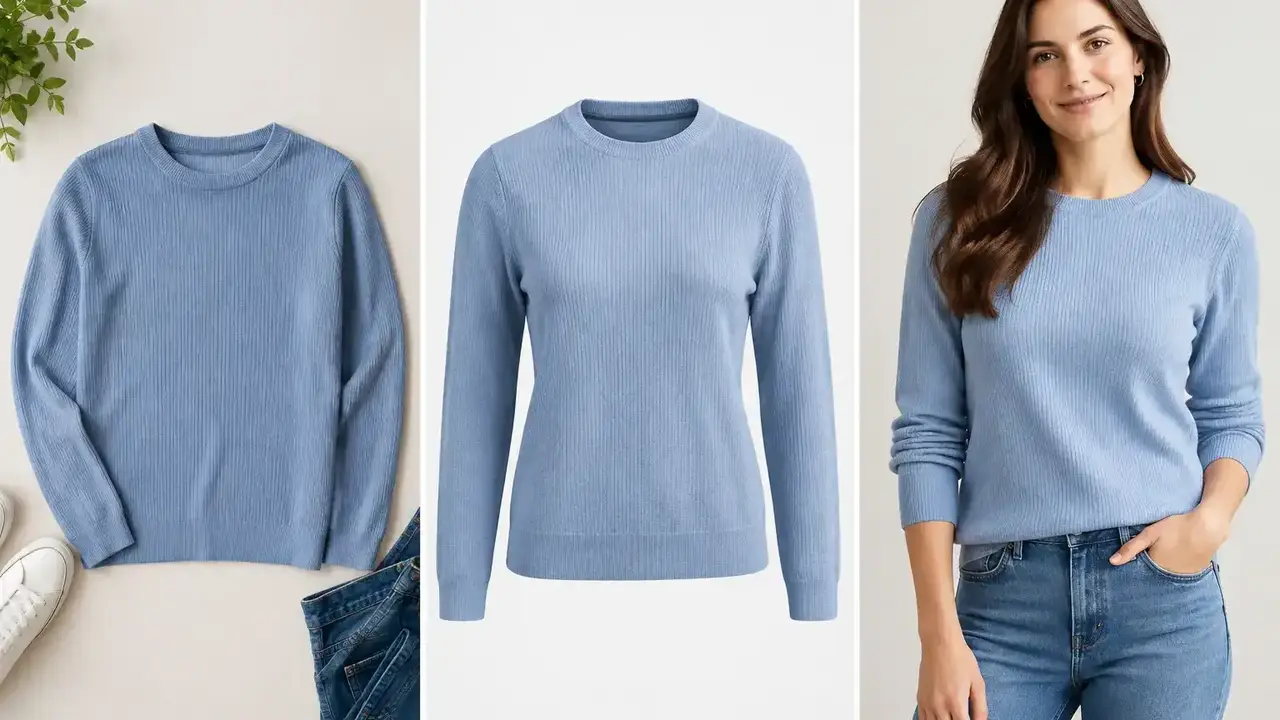 Flat lay, ghost mannequin, and on-model views of the same blue sweater