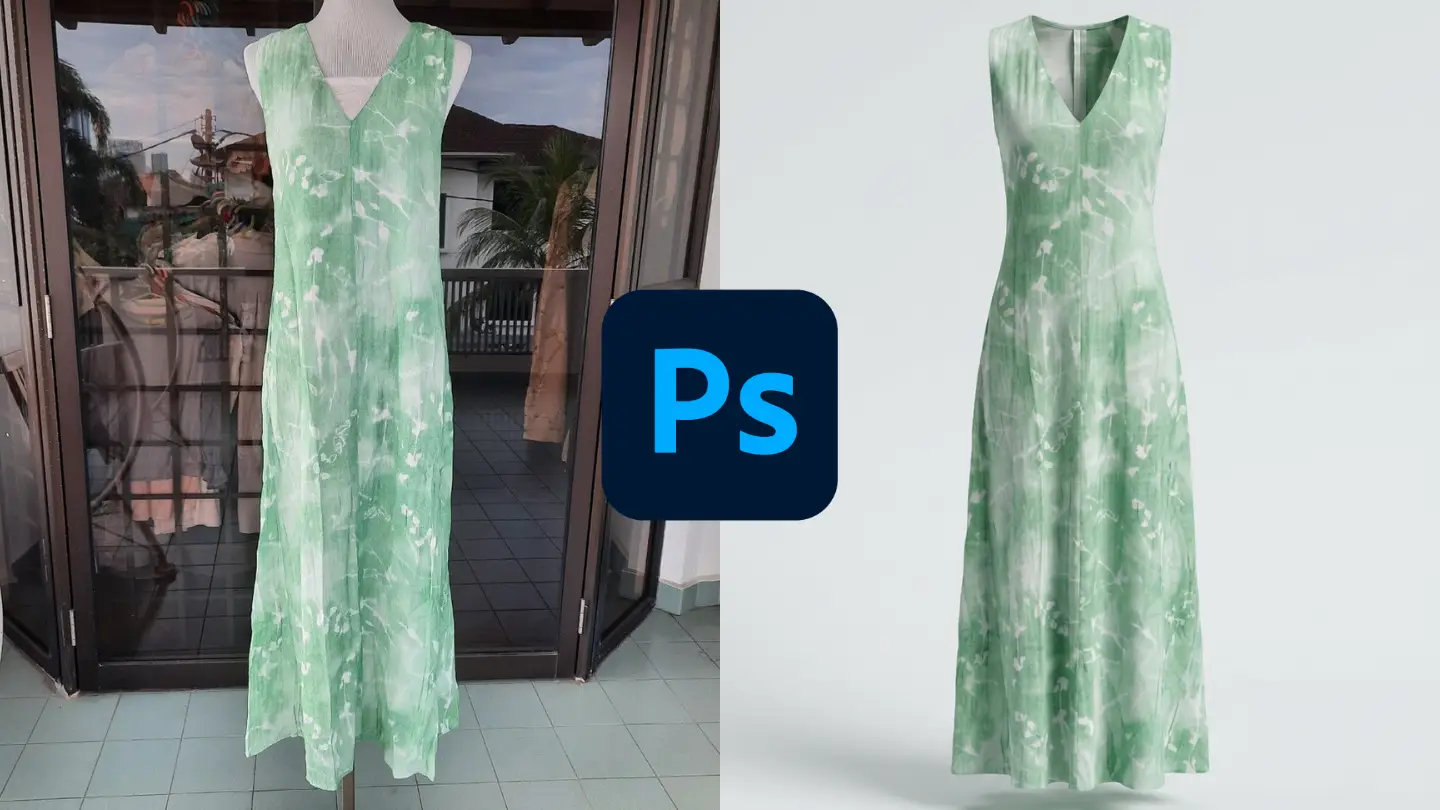 Photoshop workspace showing a garment being edited into a ghost mannequin product image with masking layers visible