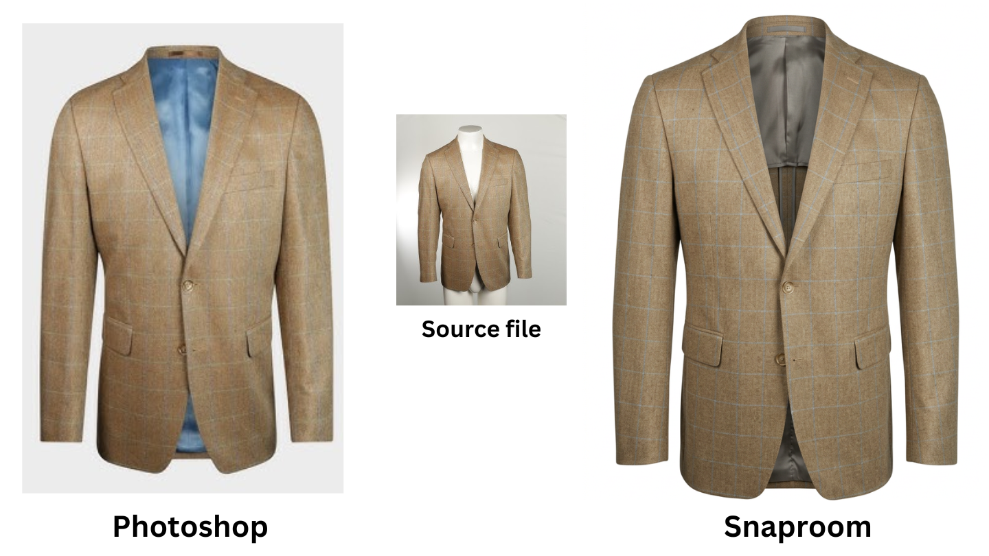 Side by side comparison of ghost mannequin output produced in Photoshop versus AI-generated ghost mannequin from the same source garment