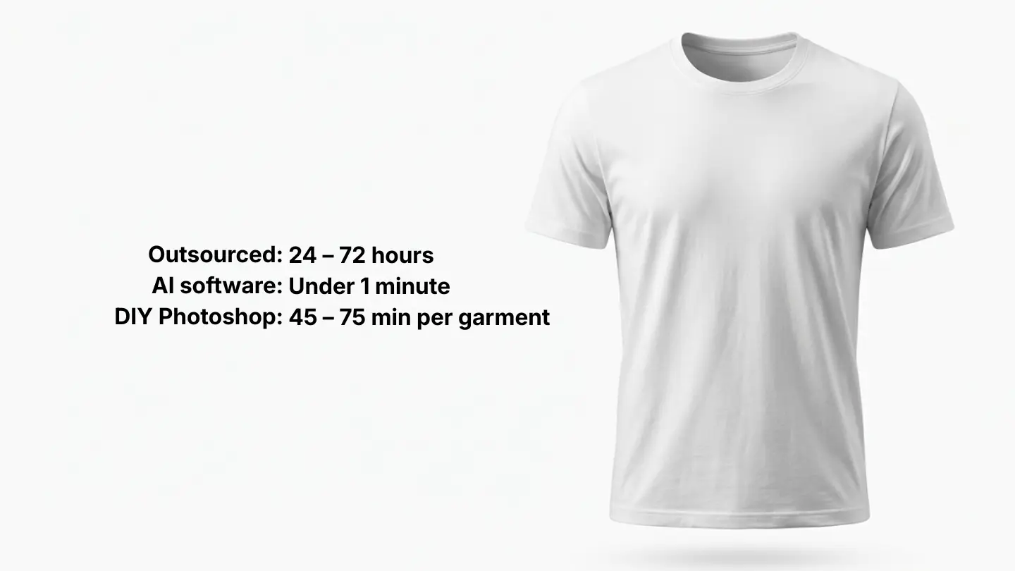 Comparison of three ghost mannequin service options showing outsourced retouching, AI software, and traditional photography studio outputs