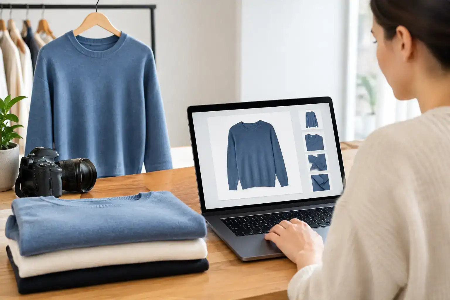 A woman at a wooden desk reviews a product gallery for a blue crew-neck sweater on a laptop, with the same sweater on a hanger behind her, a folded stack of blue, cream and dark knits, and a camera beside them.