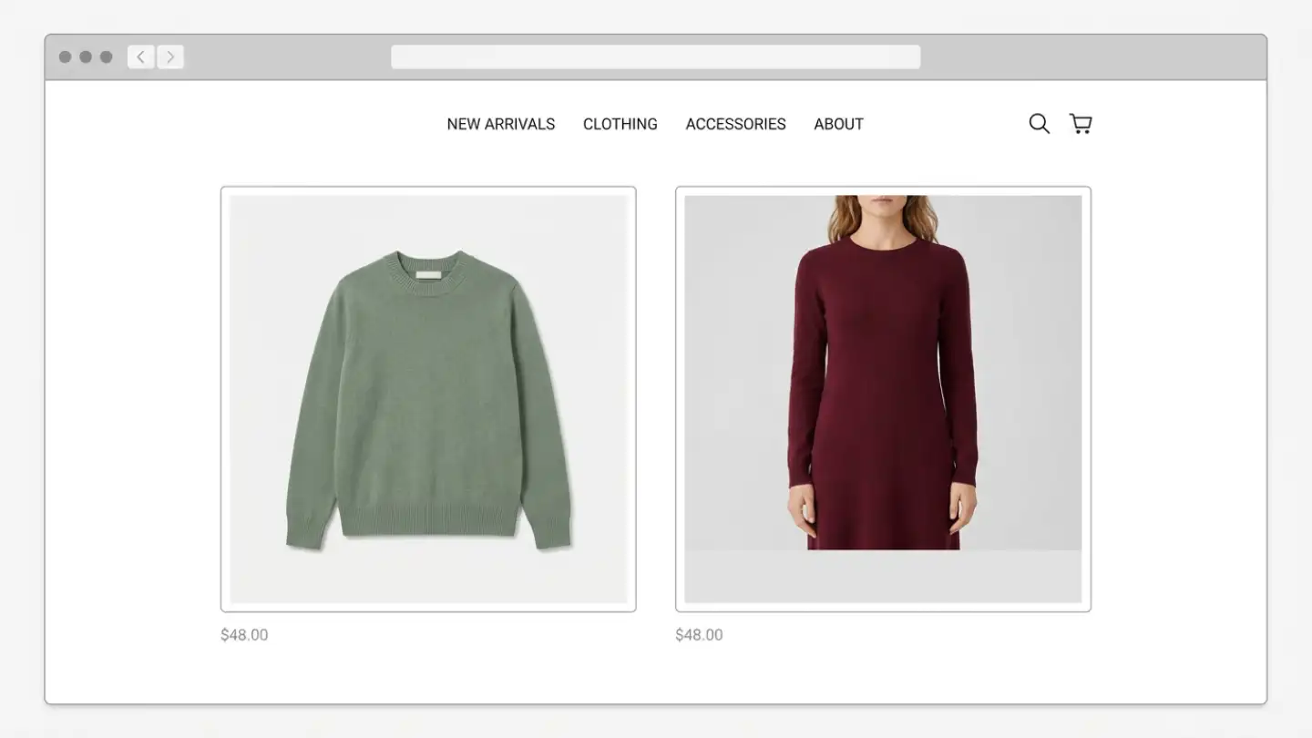 Shopify collection grid showing one correctly square-cropped garment card beside a vertical model shot cropped to square, cutting the model off at the shoulders